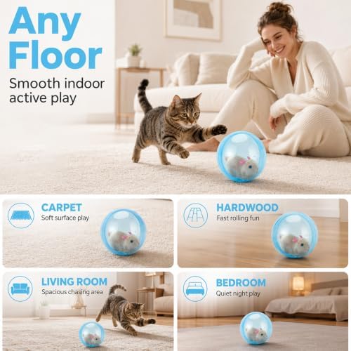 Interactive Cat Toy Ball, 2026 Rechargeable Self-Rolling Cat Toy Ball, Electric Hamster Running Rolling Ball with Auto Obstacle Avoidance, Automatic Moving Cat Toys for Indoor Cats & Dogs, Rabbit pink