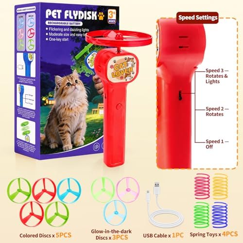 BABORUI Cat Toy Disc Launcher, Rechargeable Interactive Cat Fetch Toy Launcher with 8 Flying Discs, Flying Enrichment Toys for Indoor Bored Kittens & Adult Cats (Red-1)