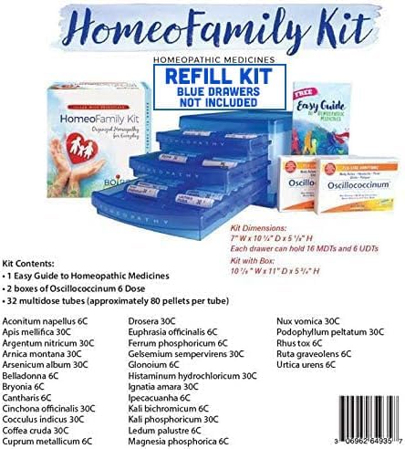 Boiron HomeoFamily Refill Kit with The Essentials - 32 Assorted Homeopathic 6c and 30c Tubes, 12 Oscillococcinum Doses - This is a Homeo Family Refill Kit (Does Not Include Blue Storage Drawers)