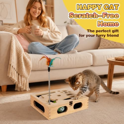 Cat Scratch Puzzle Enrichment Box, Interactive Cat Toy for 3 Balls & 2 Wand