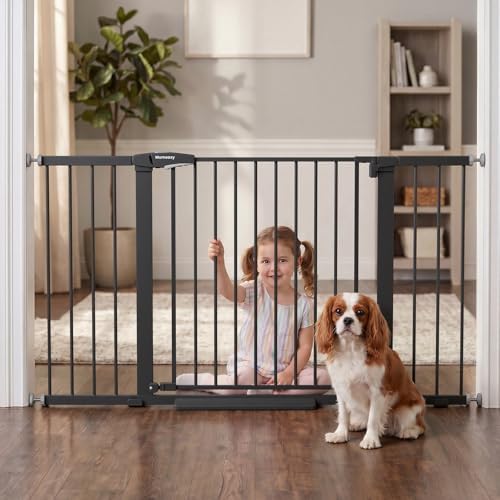Mumeasy 36-58" Extra Wide Baby Gate for Stairs, 30" Tall Walk Through Dog Gate for Doorways & Hallways, Auto Close Pressure Mounted Safety Gate for Toddlers & Pets, Dual Swing Child Gate Indoor, Black