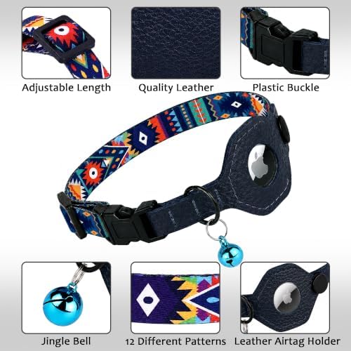 Breakaway Cat Collar with Leather AirTag Holder & Bell - Apple Air Tag Cat Collars for Girls & Boys, Lightweight Anti-Lost GPS Tracker Design, Printed Pattern - Safety and Adjustable (Navajo)