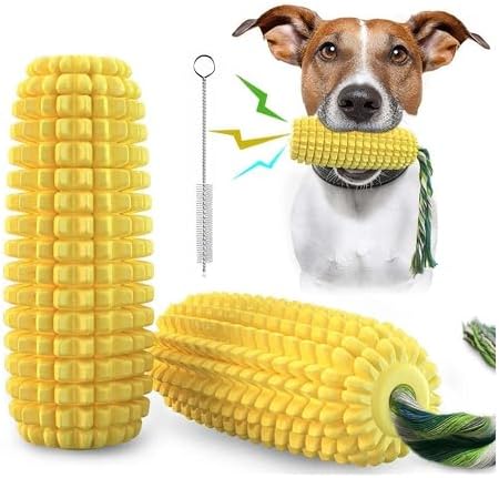 Dog Chew Toy for Aggressive Chewers, Corn-Shaped Toy for Medium and Small Dogs, Dental Cleaning Toy, Chew Stick and Cotton Rope Combo, Includes Cleaning Brush