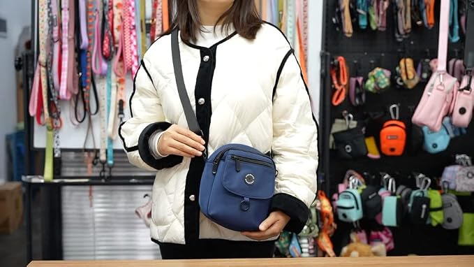 Dog Walking Bag Crossbody Waterproof & Lightweight Treat Pouch for Pet Training, Puppy Treat Tote, Dog Mom Purse (Navy Blue 1.0)