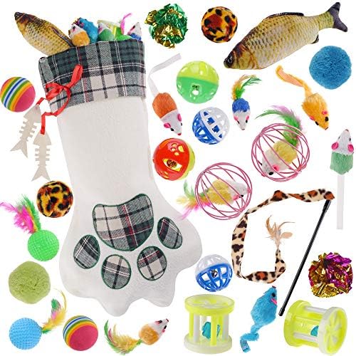 QBSM Cat Christmas Plaid Pet Paw Stockings with 26 Pcs Cat Toys for Cats and Kitten