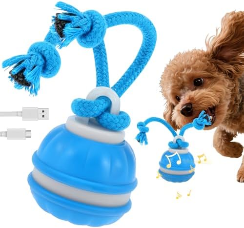 Interactive Dog Toy with Rope, 2026 Upgraded 3 Modes 360° Smart Automatic Rolling Moving Rechargeable Moving Fetch Dog Toy Ball for Boredom(Blue)