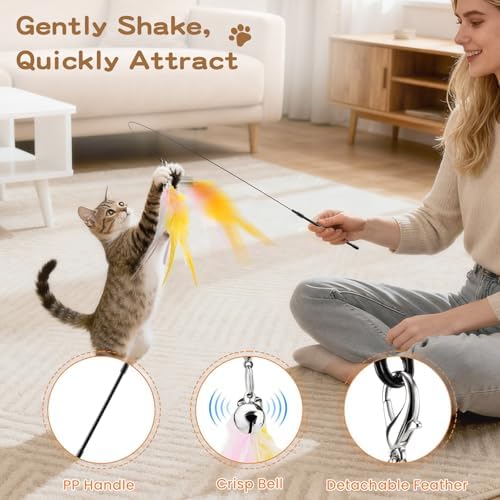 Pawaboo Cat Feather Wand Interactive Toy, 10 Feathers + 1 Wand with Bell