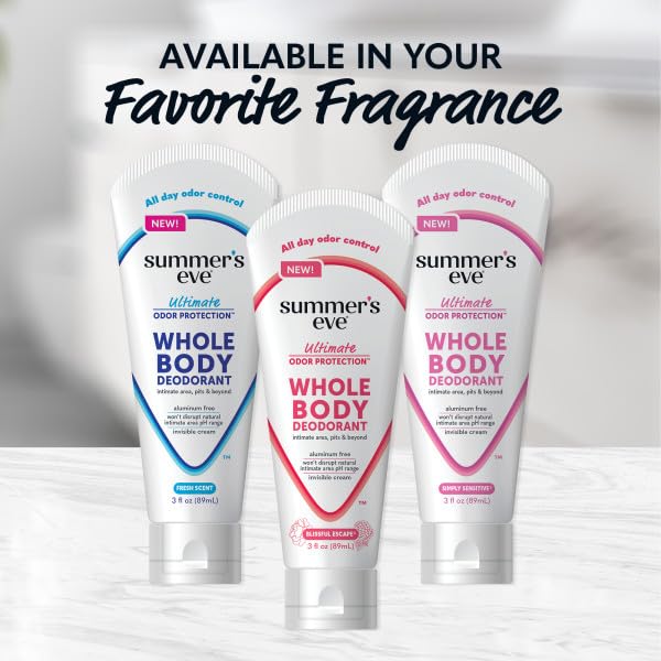 Summer’s Eve Ultimate Odor Protection Whole Body Deodorant Cream, Fresh Scent, Simply Sensitive & Blissful Escape, All Day Odor Control, Aluminum Free, 3 Ounce Each (Variety Pack of 6)