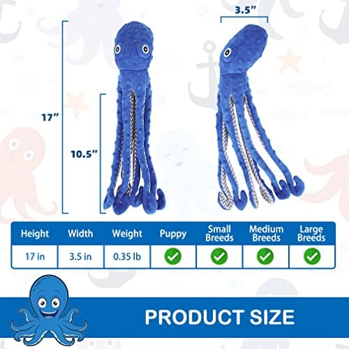 EXPAWLORER Large Squeaky Dog Toys - Stuffed Plush Long Dog Chew Toy, 2-in-1 Interactive Dog Toys with Built-in Squeak Ball and Crinkle Paper, Training Reward Birthday Gift Soft Octopus, Blue
