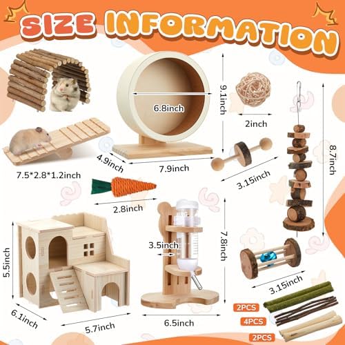 18 Pcs Hamster Cage Accessories, Silent Hamster Wheel 15 Toys Set