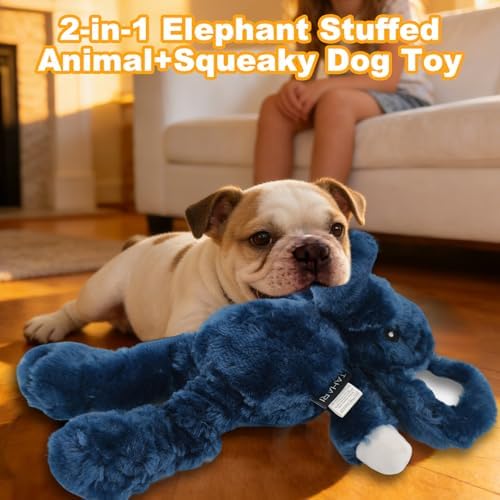 12.01 Inch Blue Elephant Squeaky Dog Toy, Plush Chew Toy with Bungee Legs for Puppy Teething, Indoor Outdoor Interactive Toy for All Dog Sizes