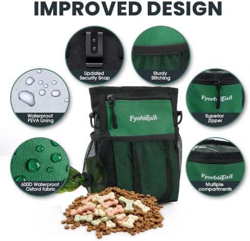 Dog Treat Pouch, 4 Cup Training Bag, Magnetic Closure, 3 Way Wear, Green | 600D waterproof Oxford fabric, multi pocket storage, zipper and mesh pockets, pull out poop bag dispenser, includes 2 rolls