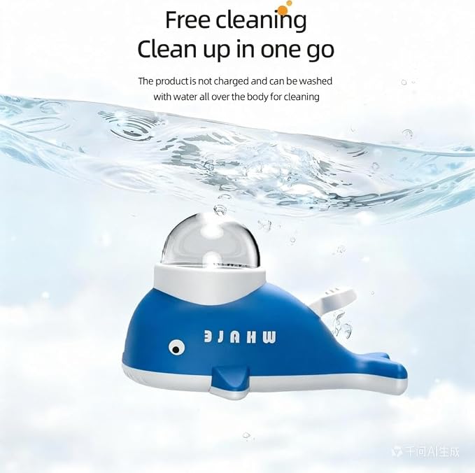 Interactive Dog Treat Dispenser Toy, Whale Shape Puzzle Feeder with Press Button and Rotating Design, White and Blue, Slow Feeding Game for Dogs and Cats