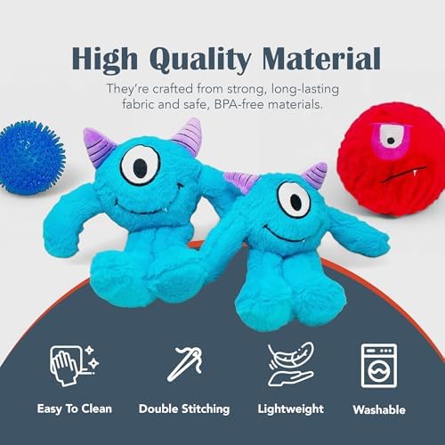 Flourish Pets 3 in 1 Multi-Layer Chew Toy for Active Dogs | Non-Toxic BPA Free Double Stitched Soft Fabric Exterior Dog Toys | Long-Lasting Dog Plush Toys – Large, Blue Monster 11"