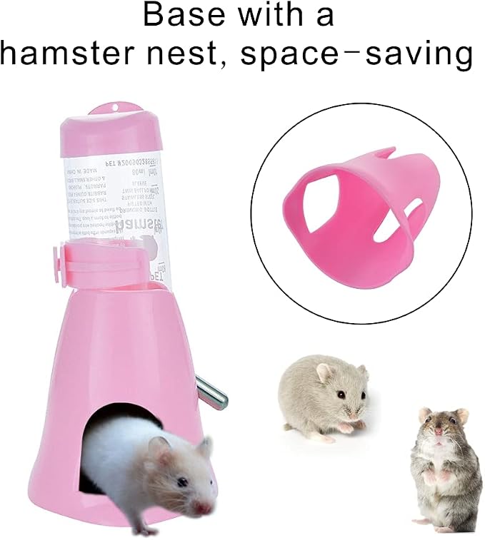 Guardians Hamster Water Bottle, Little Pet Automatic Drinking Bottle with Food Container Base Hut Hanging Water Feeding Bottles Auto Dispenser for Small Animals(80ml,Pink)