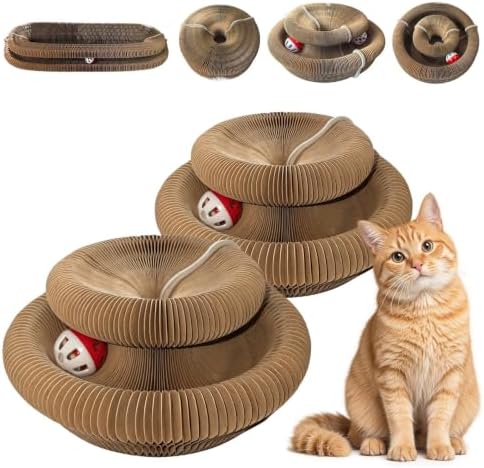 2-Pack Cat Pad Scratcher Toys, Magic Organ Cat Toy & Kitty Curls Cat Toy, Interactive Cardboard Cat Scratching Board with Bell Balls, Corrugated Scratcher for Indoor Cats, Furniture Protection