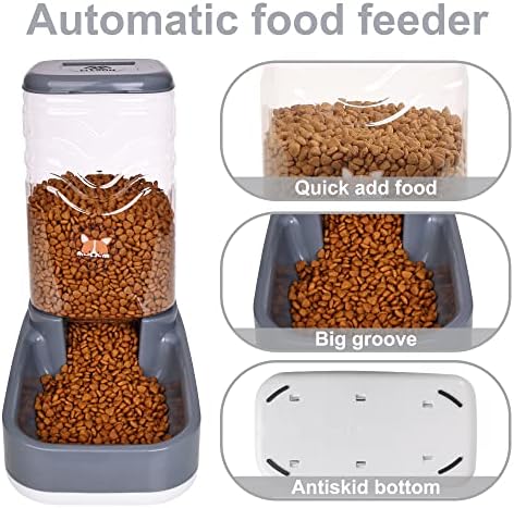 Elevon Automatic Cat Feeder, Gravity Food and Water Dispenser Bowl Set for Small Medium Dogs Animals, Pet Feeder Dispenser Storage Food, 3.8L Large Capacity, Gray