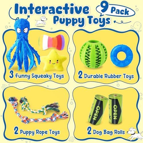 KIPRITII 9 Pack Puppy Toys Set for Small Dogs, Teething & Interactive Play | No-Stuffing Octopus-Shaped Toy, Squeaky & Crinkle Sounds, Interactive Tugging, Keep Dogs Busy, Indoor & Outdoor Play