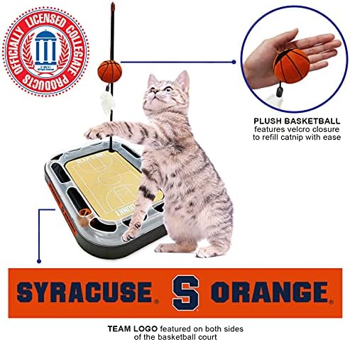 NCAA Syracuse Orange Basketball Court Cat Scratcher - Plush Basketball & Feather Cat Toy, Interactive Ball with Jingle Bell