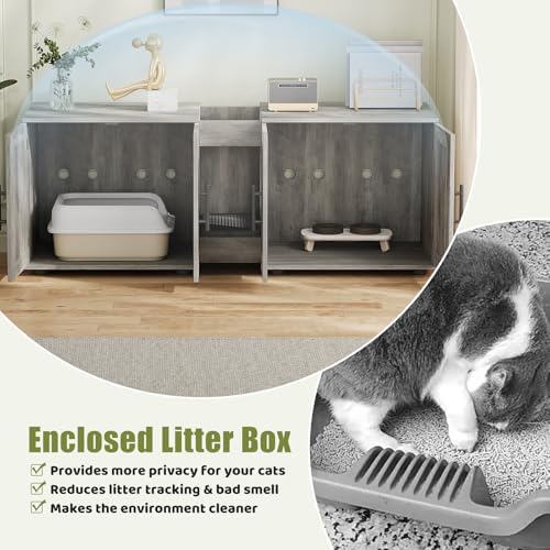 Cat Litter Box Enclosure for 2 Cats,55" Large Hidden Litter Box Furniture with Barn Door & Double Rooms,Modern Indoor Pet House TV Stand Side Table,Cats Washroom,for Bedroom Living Room,Grey