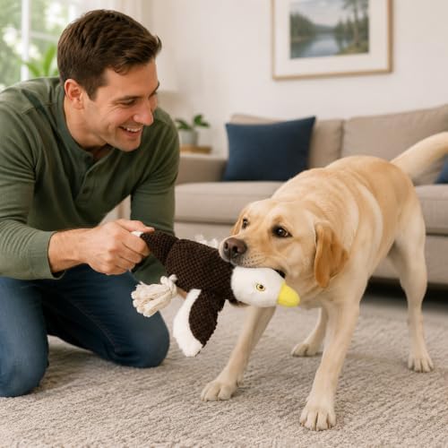 Dog Squeaky Toy Plush Bald Eagle Dog Chew Toy with Knotted Rope Tassels, Teething Interactive Tug Toy for Puppies & All Dog Breeds