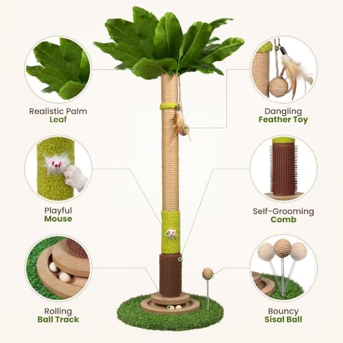 37'' Tall Cat Scratching Post, Sturdy Cat Tree Tower with Plush Perch, Hanging Toy & Interactive Wooden Ball, Durable Sisal Scratcher for Indoor Cats and Kittens