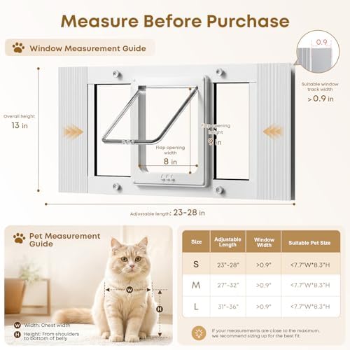 Cat Door for Window, Adjustable 23"-28", 4 Locking Modes + Extra Security Lock for Outside Safety, Window Pet Door with Magnetic Self-Closing, No-Drill Installation, Weatherproof Aluminum Frame Insert