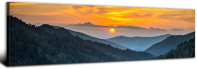 Sunset Blue Ridge Mountain Wall Art for Living Room Nature Wall Decor Smoky Mountain Landscape Picture National Park Poster Canvas Prints Misty Forest Scenic Painting Artwork Office Decorations 14x48”