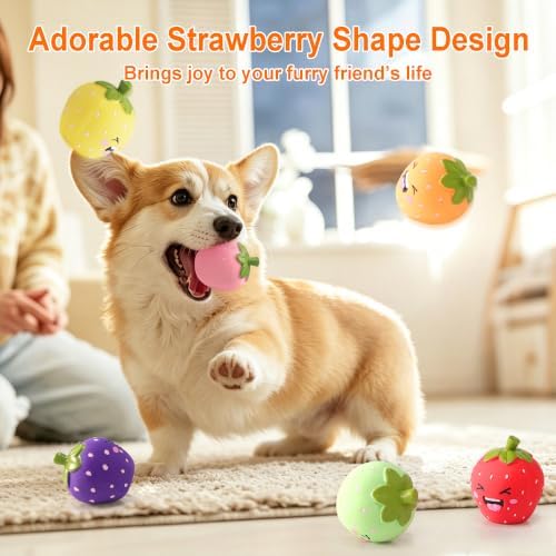 Squeaky Dog Toys Strawberry, Natural Soft Rubber Dog Chew Toys, 2 Inch Interactive Enrichment Fruit Toys for Small Dogs & Puppies of All Teething Stages(6 Pack)