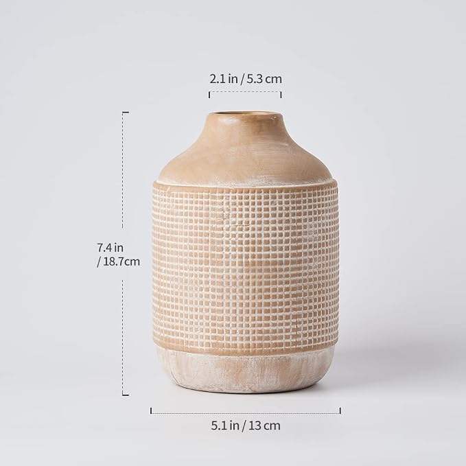 SIDUCAL Ceramic Rustic Farmhouse Vase, Sand Glaze Finish Boho Vase, Pottery Decorative Flower for Home Decor, Table, Living Room Decoration, Shelf Decor, Mantel, 7 Inch, Beige