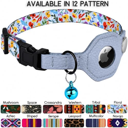 Breakaway Cat Collar with Leather AirTag Holder & Bell - Apple Air Tag Cat Collars for Girls & Boys, Lightweight Anti-Lost GPS Tracker Design, Printed Pattern - Safety and Adjustable (Floral)