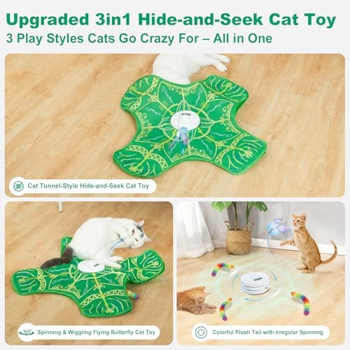Interactive Cat Toys for Indoor Cats,Automatic Kitten Tunnel Toys | Rechargeable Touch Activated, Hide and Seek Design, Colorful Fluffy Tail & Butterfly, Cat Enrichment Toy for Bored Cats