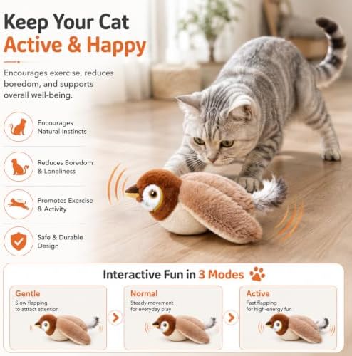 Tweetpaw Cat Toy with 3 Flapping Modes and Catnip, Realistic Chirping Sound, Rechargeable Interactive Toys for All Breeds Cat，Black