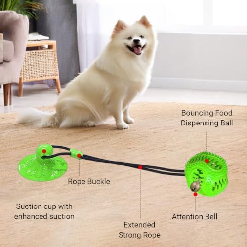 Dog Toys Treat Food Dispensing Ball with Suction Cup for Aggressive Chewer, Tug of War for Pets, Puppy Toys for Teething, Puzzle, Treat Food Dispensing, Pet Chew Tug of War for Medium Dogs (Green)