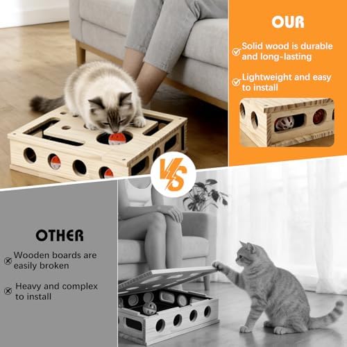 Cat Scratch Puzzle Enrichment Box, Wooden Cat Nail File Box Stress Free Alternative to Grinders, Maze Toy Box for Indoor Cats Scratching, with Sandpaper & 3 Bell Balls