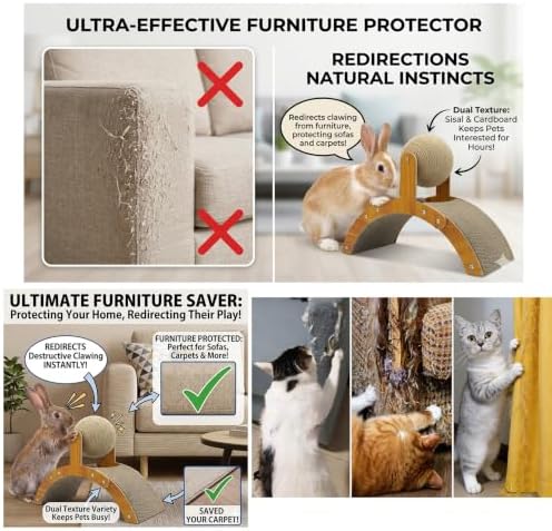 2-in-1 Rabbit Scratching Toy - Natural Sisal Ball & Corrugated Cardboard Pad Bunny Claw Scratcher, Stable Wood Arch Bridge Interactive Toys for Rabbits, Kittens, Ferrets, Chinchillas