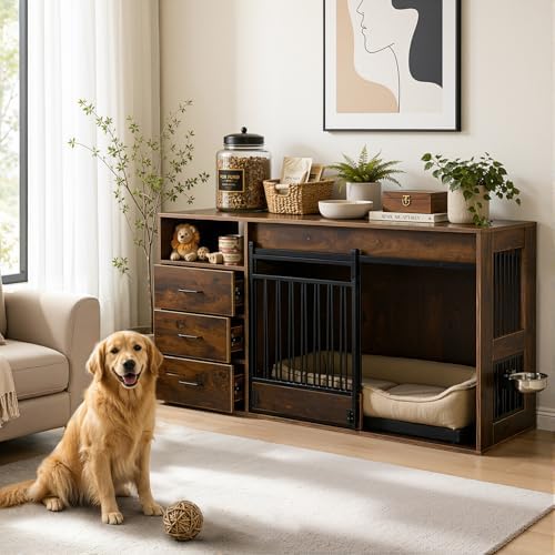 59.8 Inch Large Dog Crate Furniture with 3 Storage Drawers