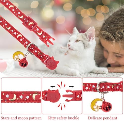 KOOLTAIL Glow in The Dark Cat Collar Breakaway with Bells,6 Pack Moonlight Cute Kitten Collars, Personalized Reflective Safety Buckle Stars&Moon Charm Pet Collars for Kitty Boys Girls, Pink Purple