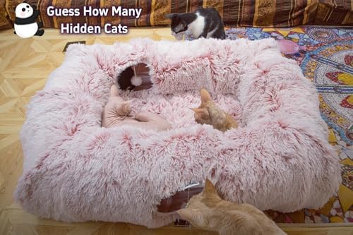 XxingSheep 4-Cave Plush XL Cat Tunnel Bed Indoor Cats Peekaboo Toy Mat Pink