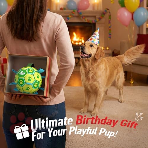 QDAN Dog Toys Soccer Ball, Durable Dog Balls with Strap for 30-90 lbs Dogs | 8 Inch Soccer Toy with Tabs, Training Herding Balls for Outdoor, Dog Tug Toy for Tug of War, Puppy Birthday Gifts, Green