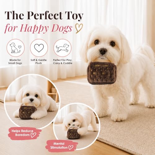 Dog Diggin Designs Chewy Vuiton Plush Dog Toy Purse | Luxury-Inspired Parody Designer Handbag with Squeaker, Soft Plush Fashion Dog Toy – Haute Couture Purses & Handbags