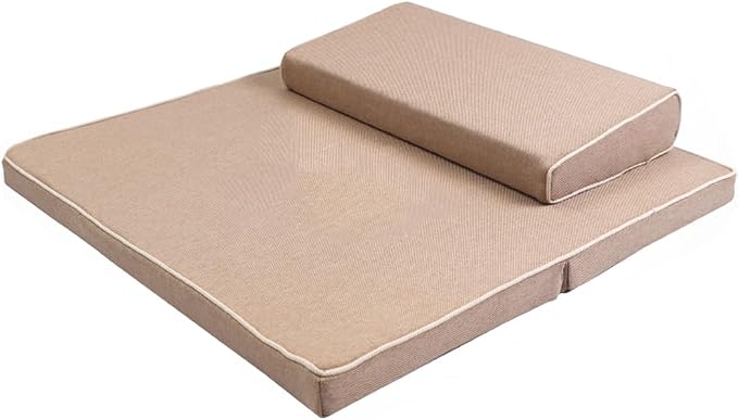 Portable Foldable Meditation Cushion Mat Set with Washable Cotton Linen Cover, Larger Thick Yoga Mat Bolster Floor Pillows Seating for Adults Meditation Accessories Beige-60cm