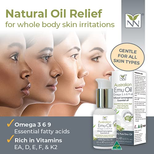 Y Not Natural Pure Emu Oil - Organic Moisture for Face, Body, Hair, Scalp & Nails - Rich in Omega 3-6-9, Vitamins & Essential Minerals - Australian Emu Oil (60ml) 2.03 fl oz - Lemongrass