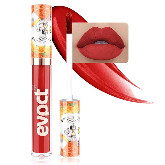 evpct 1Pcs Fire Red Matte Liquid Lipstick Lip Stain Sets for Women, Skull Face Bright Ruby Red Matte+Lipstick Long Lasting Permanent 24 hr Hours Magic Lipstick 24 Hours original Waterproof, 14#