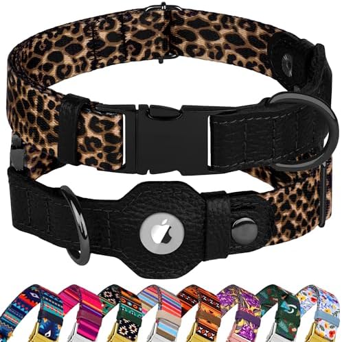 AirTag Dog Collar for Small Medium Large Breed - Adjustable Cute Pattern Dog Collar with Airtag Holder - Soft Leather Tracker GPS Apple Air Tag Pet Collars (X-Large, 20"-25" Neck Fit, Leopard)
