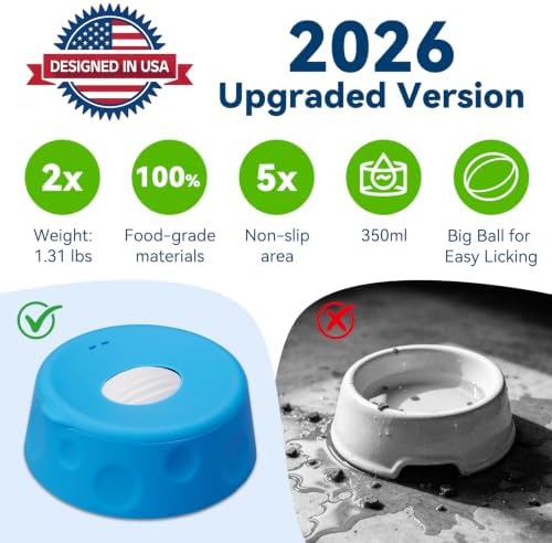 Dog Lick Bowl Ball Slow Feeder, Licking Bowl for Liquid Treat with Rolling Spin Sphere Roller Licker, Licky Feed Calming Anxiety Relief Enrichment Yogurt (Blue)