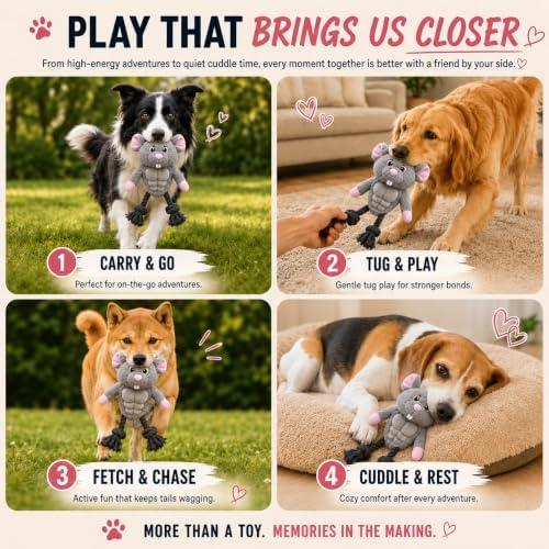 Funny Muscle Mouse Dog Toy with Squeaky Rubber Chest & Rope Legs, Interactive Plush Toy for Medium to Large Dogs, Multi-Texture Toy for Tug, Toss & Supervised Play
