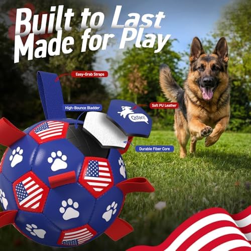 QDAN Dog Balls with Straps, Large Herding Balls for >90lbs Dogs, Soccer Toy | 9 Inch Soccer Ball for Dogs with Tabs for Outside Play, High Energy Dogs to Keep Them Busy, Interactive Tug Toy for Training