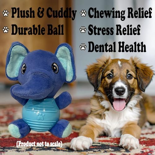Blue Elephant Plush Chew Toy for Dogs, Soft Plush Dog Toy with Durable Ball for Small, Medium, Large Dogs.
