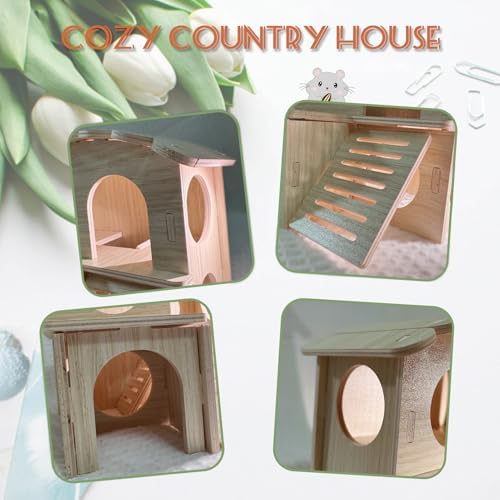 LOS ANDES Hamster Maze Double-Decker Wood House, Seesaw Toy, Bridge and Swing for Dwarf Gerbil Mouse Mice Rat Small Animals(Only for Small Hamsters)